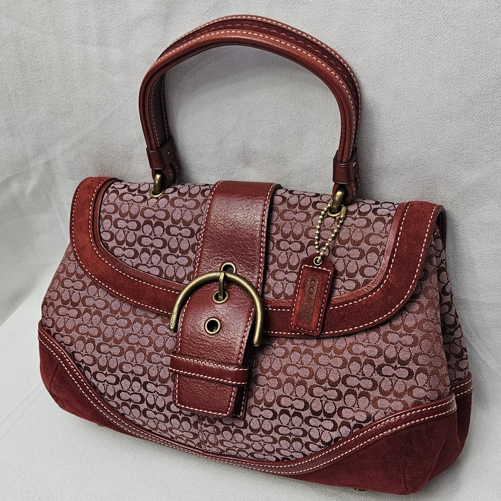 Vintage Coach 7078 Y2K Burgundy Jacquard Soho Signature Satchel Handbag Suede